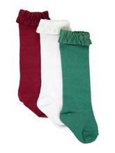 Load image into Gallery viewer, Girls 3-Pack Knee High Ruffle Socks - Dark Cherry, White, & Fir Green
