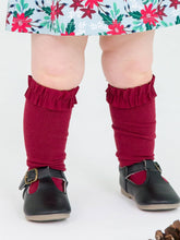 Load image into Gallery viewer, Girls 3-Pack Knee High Ruffle Socks - Dark Cherry, White, & Fir Green