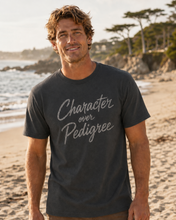Load image into Gallery viewer, Men's Salt Hound Character over Pedigree T-shirt in Vintage Heavy Metal, modeled view