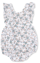 Load image into Gallery viewer, Sage Green and Smoky Blue Floral Print Organic Cotton Muslin Sunsuit Romper