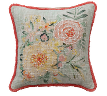 Load image into Gallery viewer, Cotton Slub Pillow with Flowers, Embroidery & Eyelash Fringe