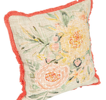 Load image into Gallery viewer, Cotton Slub Pillow with Flowers, Embroidery & Eyelash Fringe