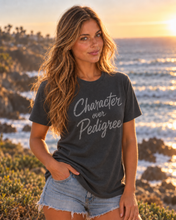 Load image into Gallery viewer, Women's Salt Hound Character over Pedigree T-shirt in Vintage Heavy Metal, modeled view