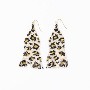 Delilah Cheetah Print Beaded Fringe Earrings Ivory, Black, + Gold