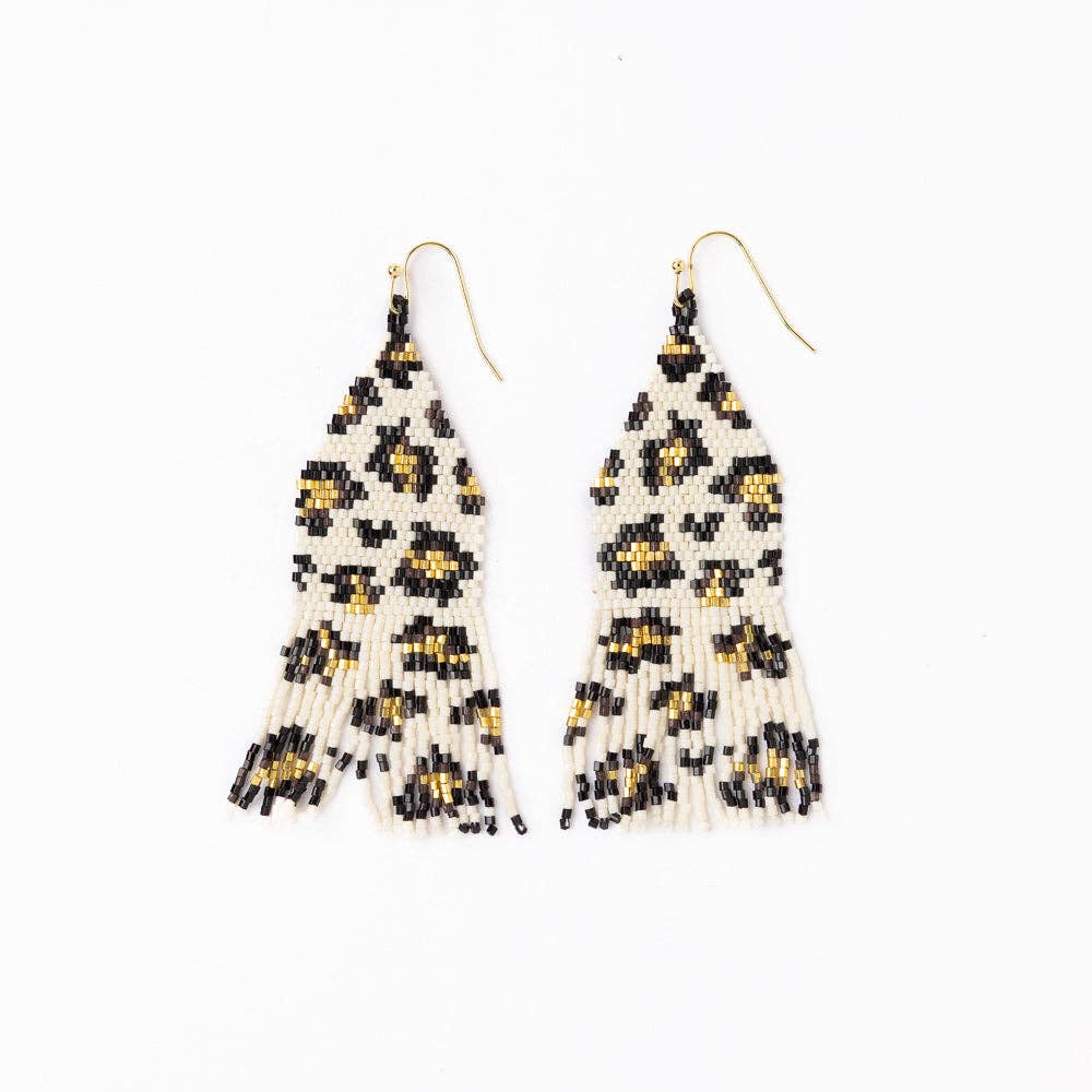 Delilah Cheetah Print Beaded Fringe Earrings Ivory, Black, + Gold