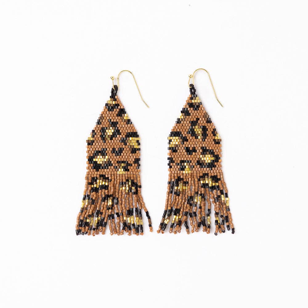 Delilah Cheetah Print Beaded Fringe Earrings Mocha, Black, + Gold