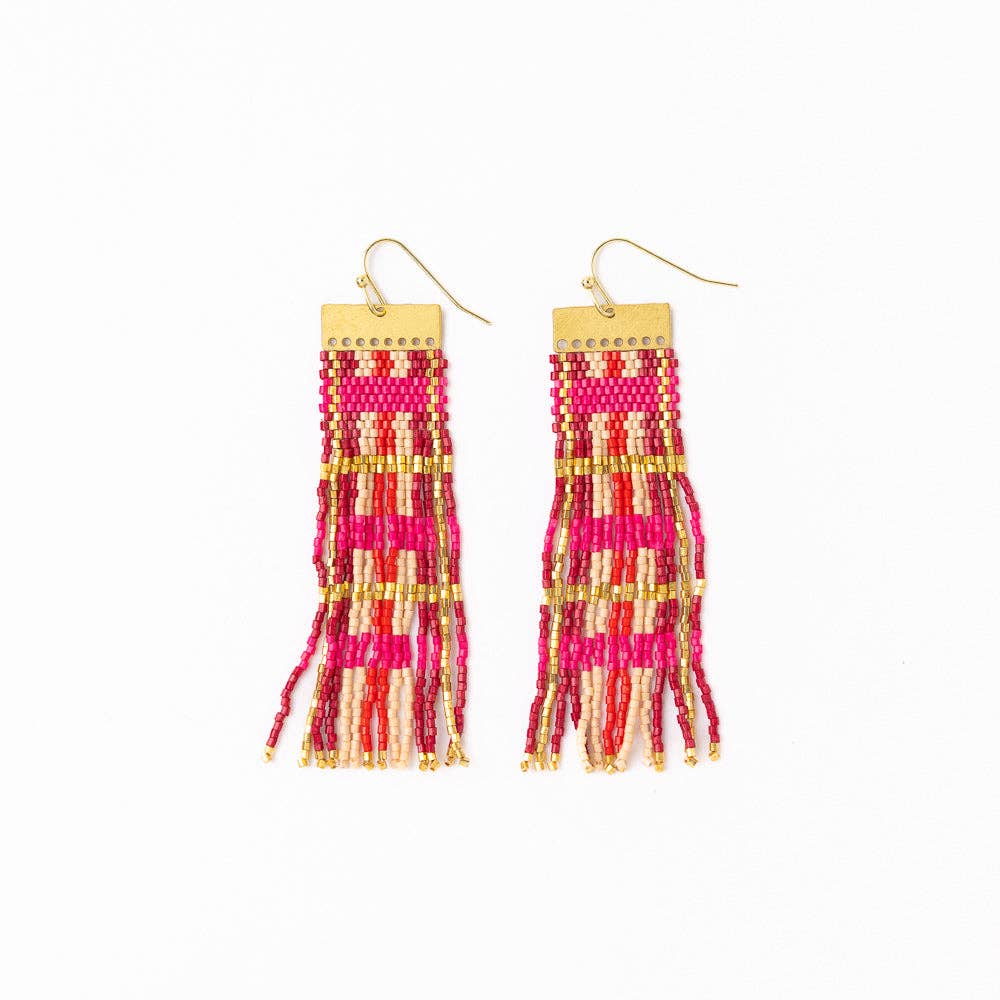 Mckenzie Brass Bar Long Fringe Earrings Hot Pink + Gold