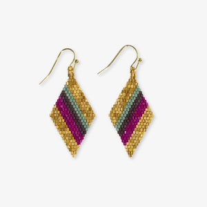 Zelda Diagonal Stripes Beaded Diamond Drop Earrings Magenta and Gold