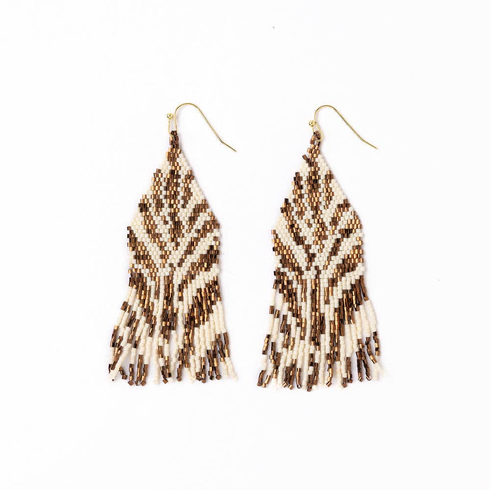 Delilah Zebra Print Beaded Fringe Earrings Bronze + Ivory