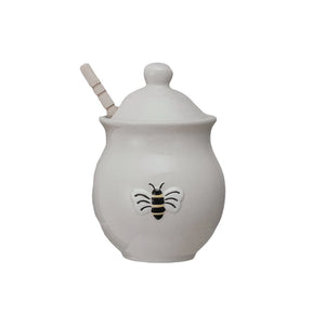 Stoneware Honey Jar w/ Embossed Bee & Wood Dipper