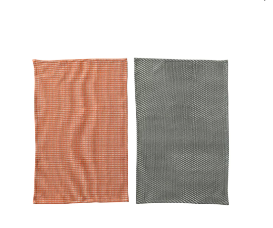 Woven Cotton Dobby Tea Towels, Orange & Charcoal Color