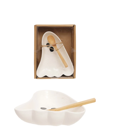 Stoneware Ghost Shaped Dish with Spoon