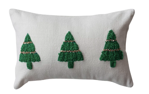 Embroidered Christmas Trees & Beads Pillow