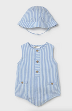Load image into Gallery viewer, Baby Blue &amp; White Striped Romper with Hat
