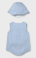 Load image into Gallery viewer, Baby Blue &amp; White Striped Romper with Hat
