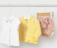 Load image into Gallery viewer, Sunny Yellow Pink Floral Baby Girl Button Sweater and Bloomers Set
