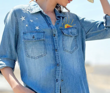 Load image into Gallery viewer, "Hello Sunshine" Embroidered Light Weight Blue Denim Women Shirt
