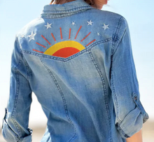 Load image into Gallery viewer, "Hello Sunshine" Embroidered Light Weight Blue Denim Women Shirt
