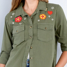 Load image into Gallery viewer, "Birds of a Feather" Embroidered Light Weight Olive Denim Women Shirt
