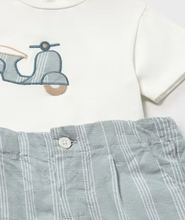 Load image into Gallery viewer, Vespa Scooter Blue Baby Boy Linen Short and T-Shirt Set by Mayoral
