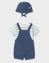 Load image into Gallery viewer, Blue Linen Baby Boy Overall shorts, Stripe Shirt and Hat Set by Mayoral
