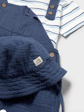 Load image into Gallery viewer, Blue Linen Baby Boy Overall shorts, Stripe Shirt and Hat Set by Mayoral
