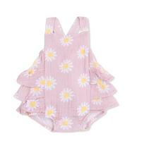Load image into Gallery viewer, Pink Daisy Organic Cotton Muslin Baby Girl Ruffle Sunsuit by Angel Dear
