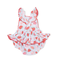 Load image into Gallery viewer, Strawberry Organic Muslin Cotton Baby Girl Ruffle Sunsuit by Angel Dear
