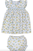Load image into Gallery viewer, Lemon and Blue Floral Baby Girl Cotton Dress and Bloomers by Kissy Kissy
