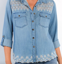 Load image into Gallery viewer, Butterfly White Embroidered Denim Light Weight Women's Shirt
