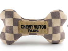 Load image into Gallery viewer, Tan Checker Chewy Vuiton Dog Bone Toys by Haute Diggity Dog
