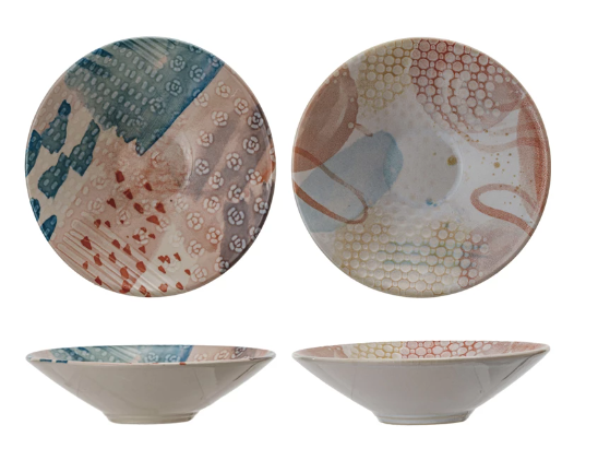 Printed Stoneware Bowl w/ Abstract Design