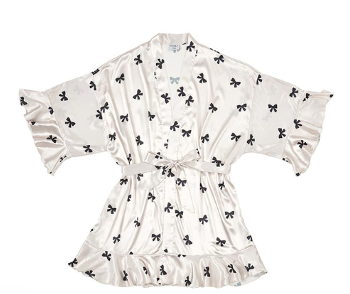 Ruffled Satin Robe - Ivory and Black Bows