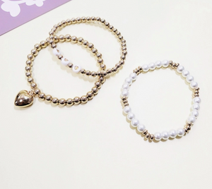 3 Pcs Gold Tone Heart Pearl Stretch Bracelet Set