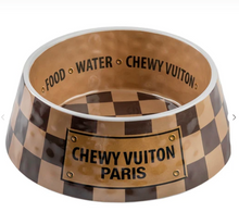 Load image into Gallery viewer, Tan Checker Chewy Vuiton Pet Bowls by Haute Diggity Dog
