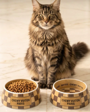 Load image into Gallery viewer, Tan Checker Chewy Vuiton Pet Bowls by Haute Diggity Dog
