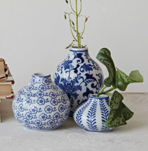 Load image into Gallery viewer, Royal Blue Hand-Stamped Stoneware Bud Vases
