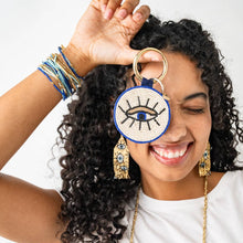 Load image into Gallery viewer, Kelsey Evil Eye Seed Bead Bag Charm Key Ring Royal Blue Wholesale
