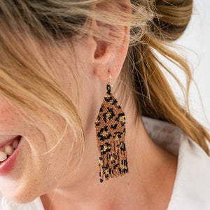 Delilah Cheetah Print Beaded Fringe Earrings Mocha, Black, + Gold