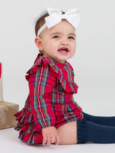 Load image into Gallery viewer, Baby Girls Tis The Season Plaid Long Sleeve Ruffle Trim Bubble Romper
