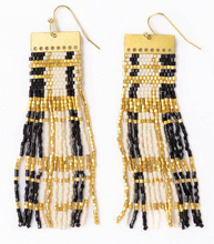 Load image into Gallery viewer, Mckenzie Brass Bar Long Fringe Earrings Black + Gold
