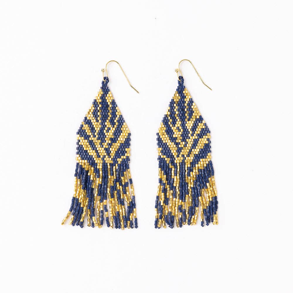 Delilah Zebra Print Beaded Fringe Earrings Navy + Gold