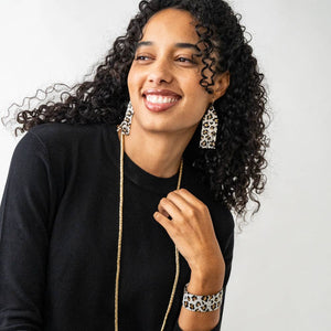 Delilah Cheetah Print Beaded Fringe Earrings Ivory, Black, + Gold