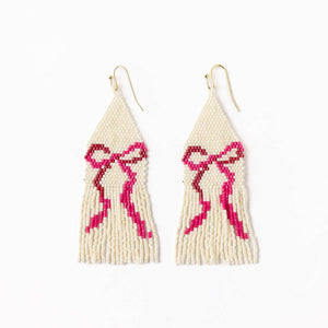 Delilah Pink Bow Beaded Fringe Earrings Ivory