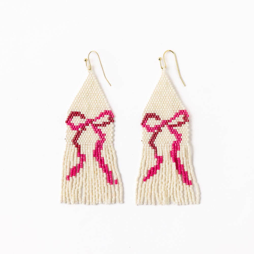 Delilah Pink Bow Beaded Fringe Earrings Ivory